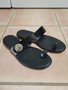 Hogan Black Patent Leather Toe Ring Slide Sandals